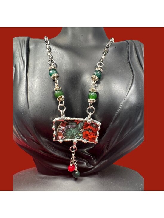 Hand Crafted Jewelry - Lena Liu Hummingbird Broken China Pendant  Bezel Red & Green Quartz Necklace